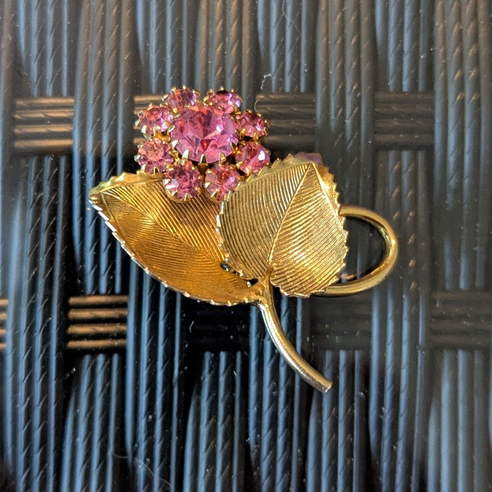 Gold Leaf and Pink Floral Brooch Vintage Brooch